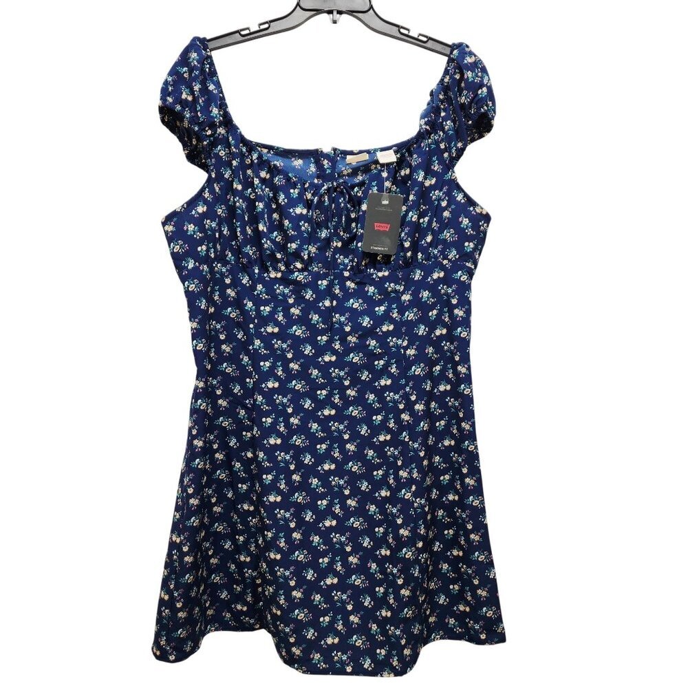 Levis Womens Blue Floral A-Line Dress With Puff Sleeves & Tie Detail Size XXL